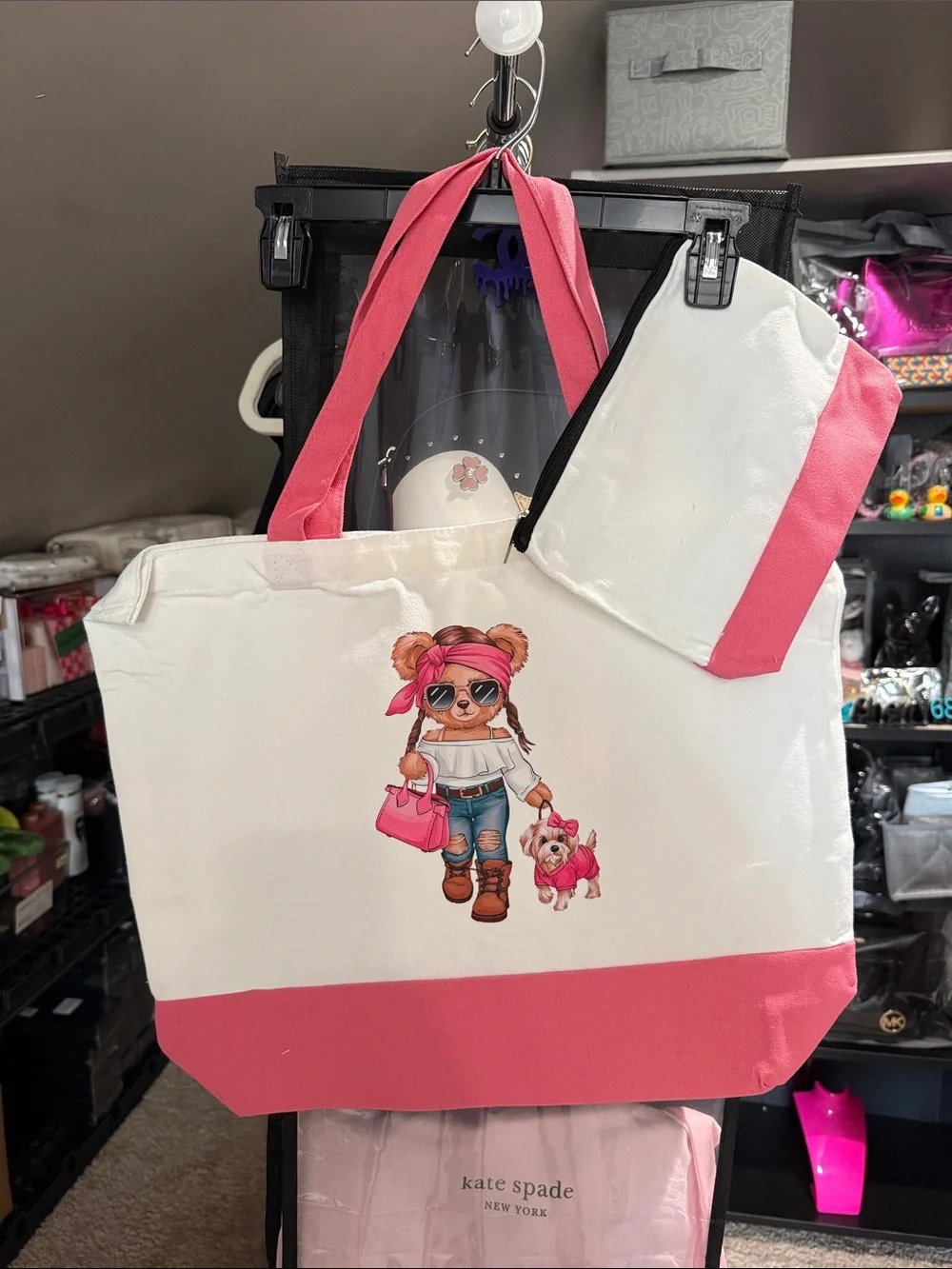 White & Pink Canvas Tote with Cute Dog Graphic - Picture 2 of 6